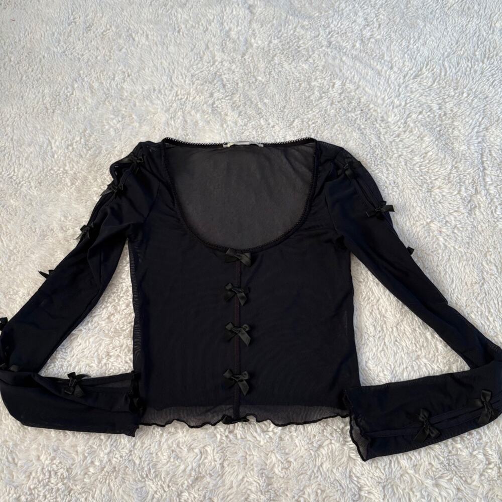 Womens Y2K Sheer Trim Bow Long Sleeve Black Whimsigoth Coquette Sz M Emo Grunge